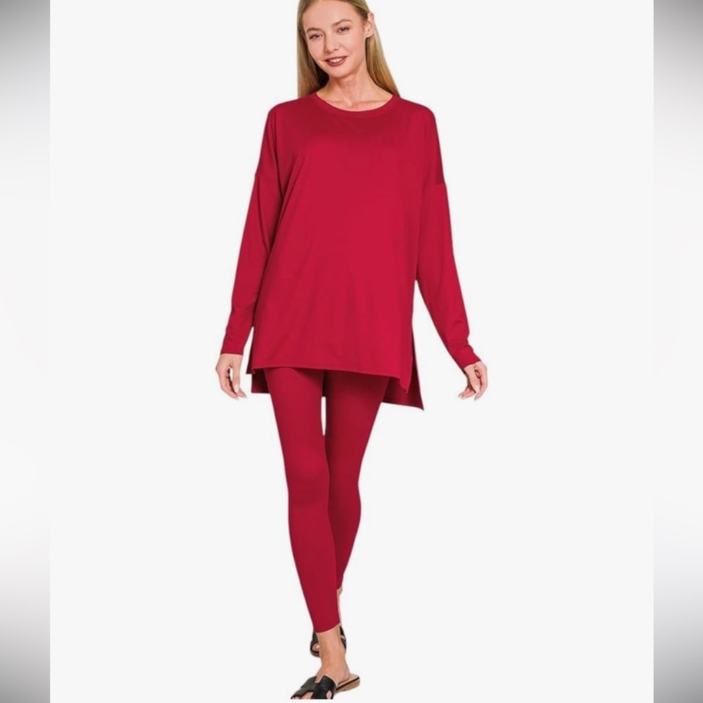 Zenana lounge all day crew long sleeve brushed microfiber set dark red small